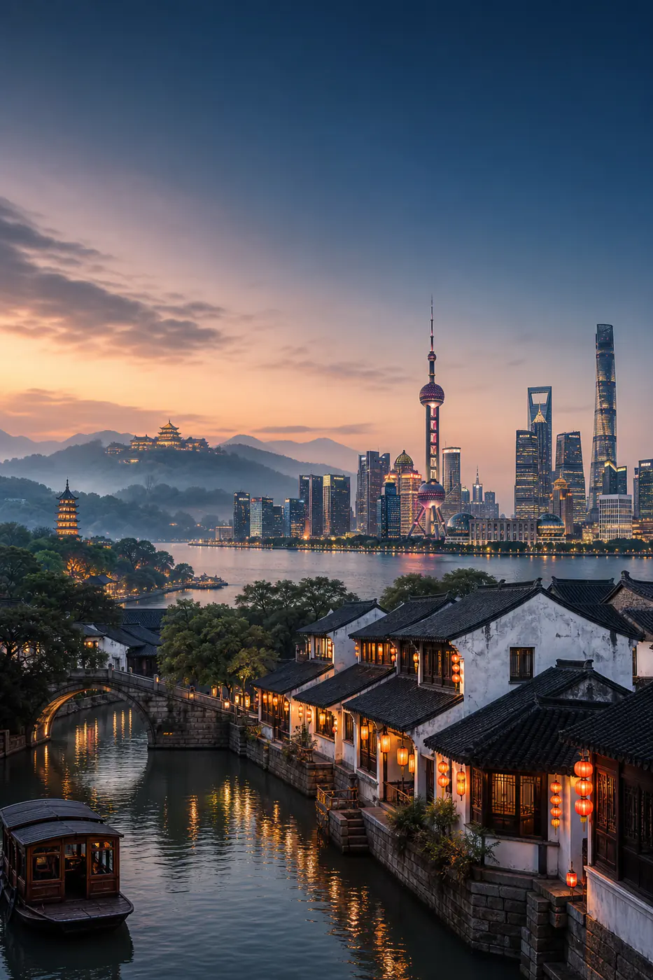 East China water town and Shanghai skyline